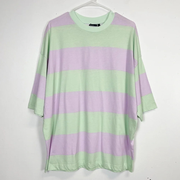 ASOS Design Shirt Womens Medium Purple Green Striped Short Sleeve Tee Tshirt - Picture 1 of 10
